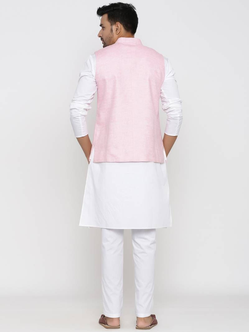Men's  Pink Waistcoat Linen Solid Designer Nehru Jacket