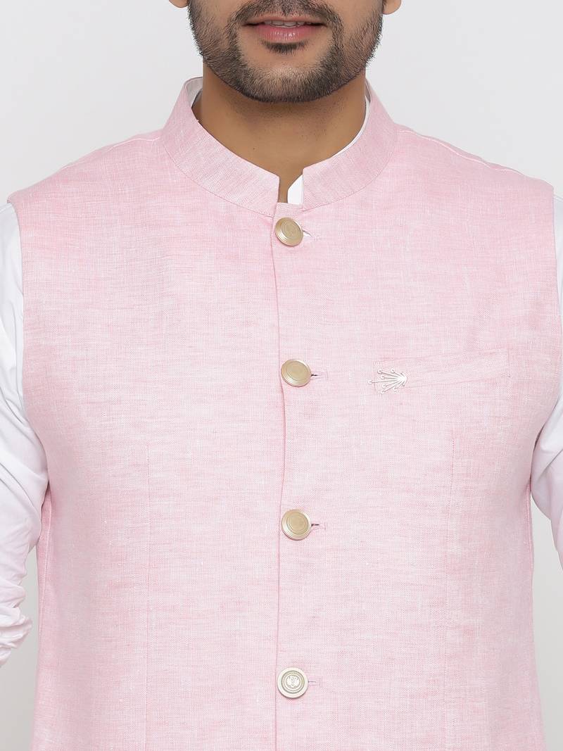 Men's  Pink Waistcoat Linen Solid Designer Nehru Jacket