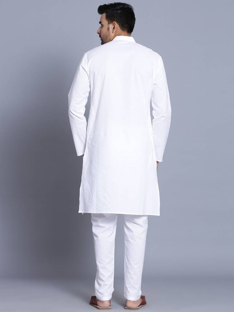 Men White Cotton Slik Straight Kurta With Pyjama