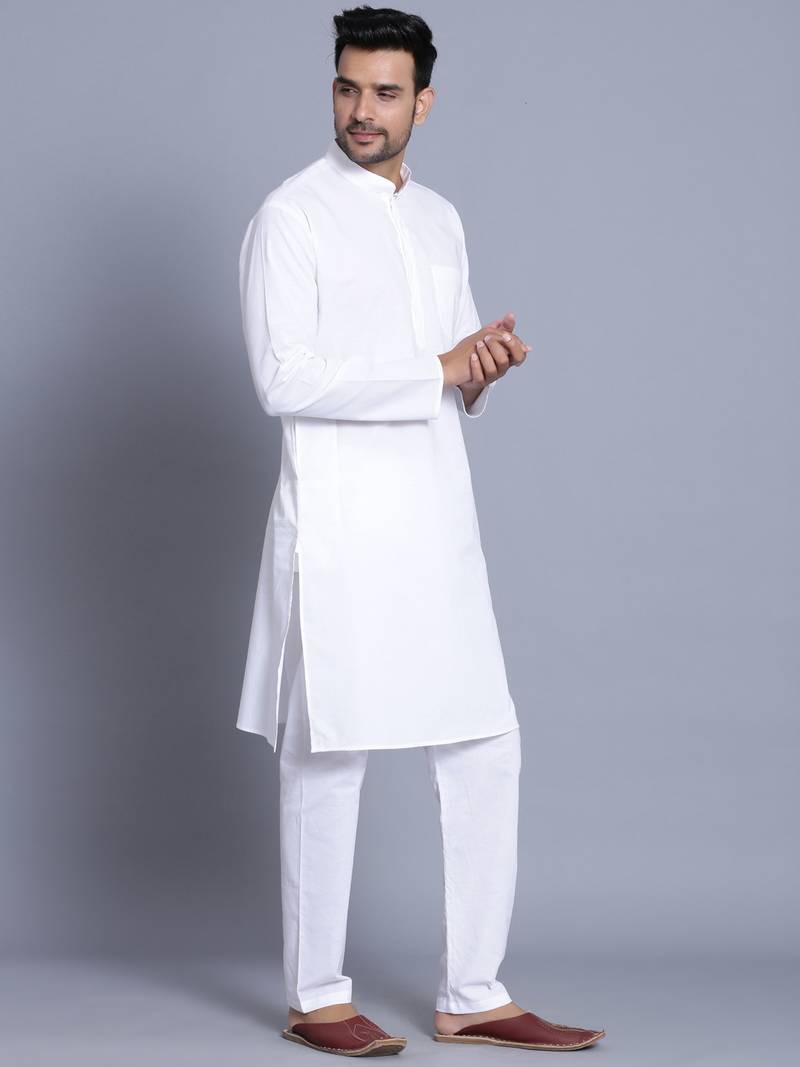 Men White Cotton Slik Straight Kurta With Pyjama main image 0