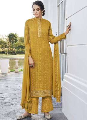 Mustard Embroidered Palazzo Suit 1