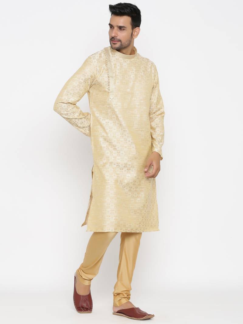 Gold Dupion Silk Solid Straight Kurta Payjama Set