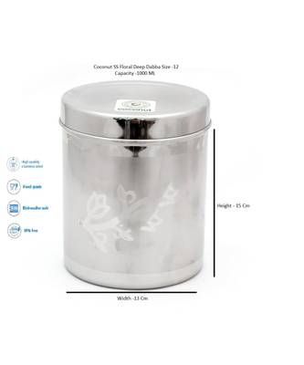 coconut Stainless Steel Floral Deep Dabba/Container/Storage/Utility Box - Pack of 1 - Capacity 1000ML - Diameter - 13 cm 2