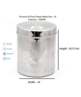 coconut Stainless Steel Floral Deep Dabba/Container/Storage/Utility Box- Pack of 1 (1500ML) 2