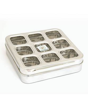 coconut Stainless Steel Masala Box -Square Cubic See thru Lid - Spice box - Condiment box - 9 partition 1