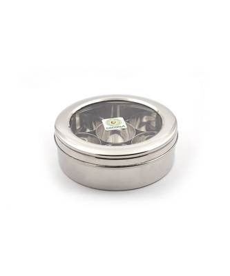 KCLcoconut Stainless Steel Masala Box with See through Break resistant acrylic lid(120 gm , 9 inches Wide) - 7 Cups 1