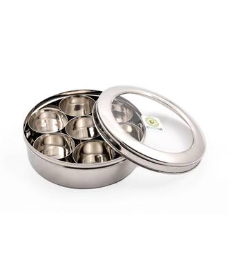 KCLcoconut Stainless Steel Masala Box with See through Break resistant acrylic lid(120 gm , 9 inches Wide) - 7 Cups 2