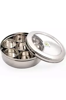 KCLcoconut Stainless Steel Masala Box with See through Break resistant acrylic lid(120 gm , 9 inches Wide) - 7 Cups