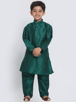Green Self Design Silk Blend Boys-Kurta-Pyjama 1