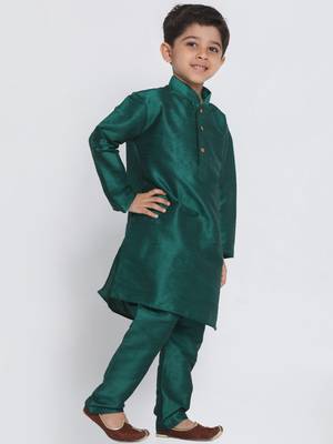 Green Self Design Silk Blend Boys-Kurta-Pyjama 2