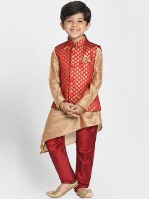 Gold printed silk blend boys-kurta-pyjama 1