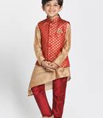 Gold printed silk blend boys-kurta-pyjama