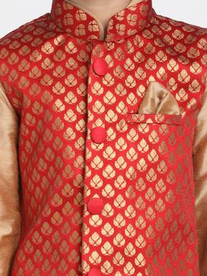 Gold printed silk blend boys-kurta-pyjama 2