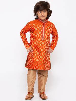 Orange printed cotton silk boys-kurta-pyjama 1