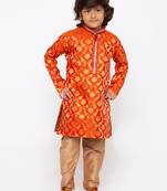 Orange printed cotton silk boys-kurta-pyjama