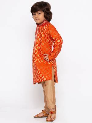 Orange printed cotton silk boys-kurta-pyjama 2