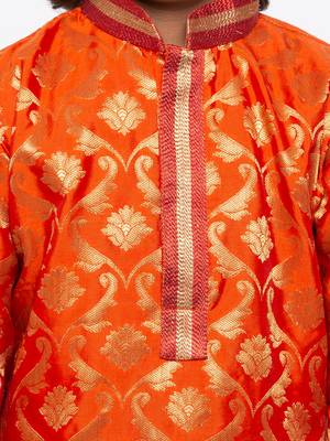 Orange printed cotton silk boys-kurta-pyjama 3