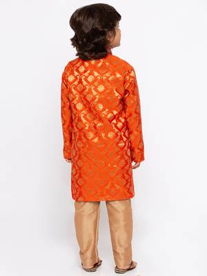 Orange printed cotton silk boys-kurta-pyjama 4