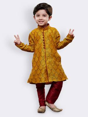 Yellow printed cotton silk boys-kurta-pyjama 1