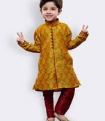 Yellow printed cotton silk boys-kurta-pyjama