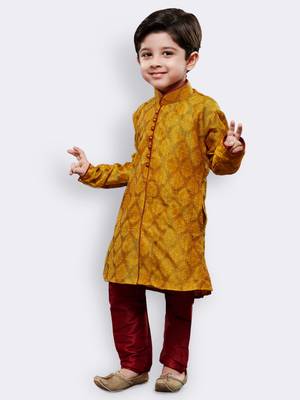 Yellow printed cotton silk boys-kurta-pyjama 2
