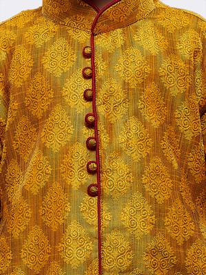 Yellow printed cotton silk boys-kurta-pyjama 3