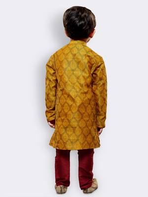 Yellow printed cotton silk boys-kurta-pyjama 4