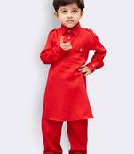 Red self design cotton boys-kurta-pyjama