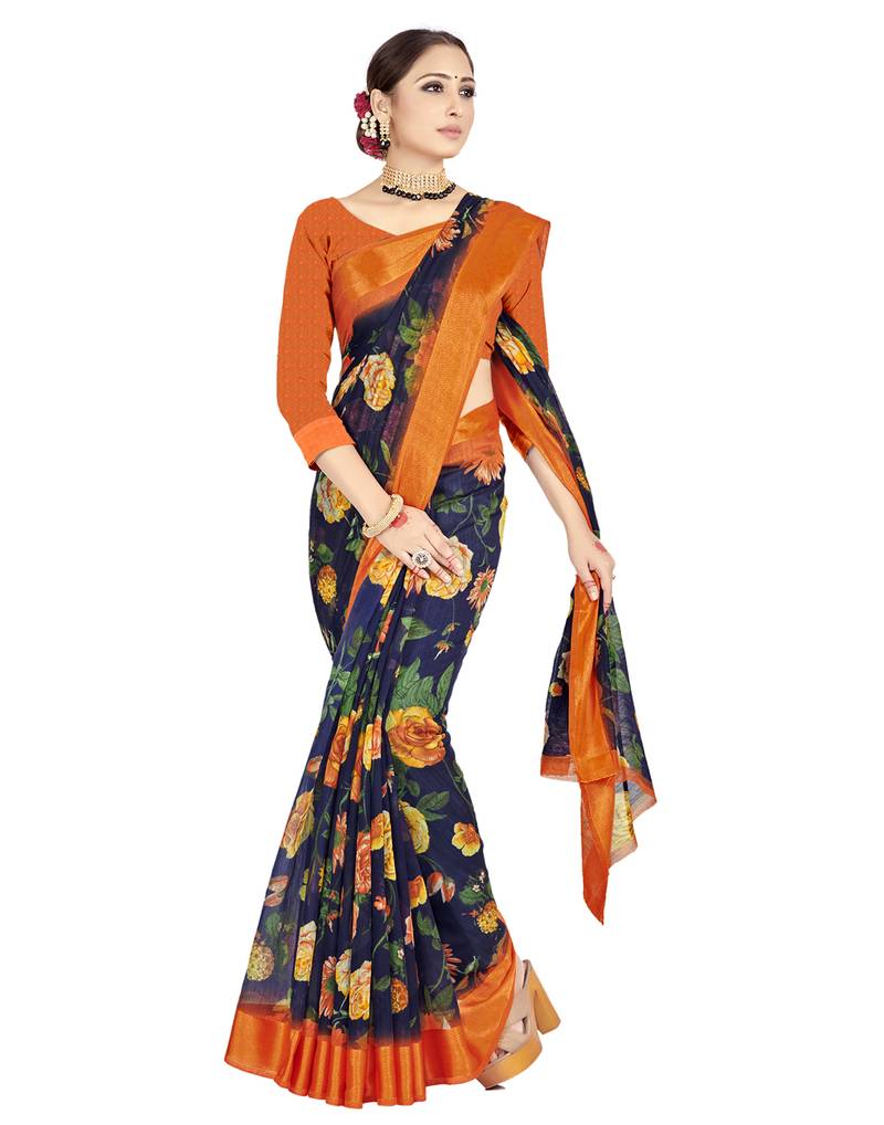Women Navy Blue Mul Cotton Saree With UnStiched Blouse