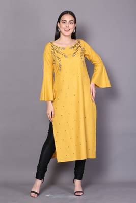 Yellow embroidered rayon cotton-kurtis 1