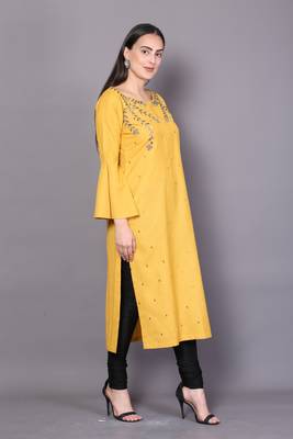 Yellow embroidered rayon cotton-kurtis 4