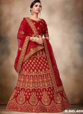 Red thread embroidery silk semi stitched lehenga 1