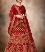 Red thread embroidery silk semi stitched lehenga