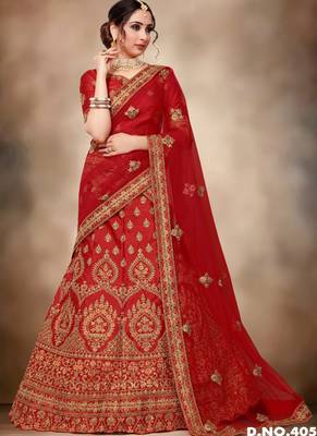 Red thread embroidery silk semi stitched lehenga 1