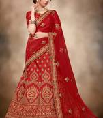 Red thread embroidery silk semi stitched lehenga