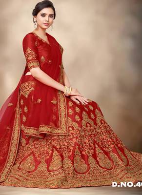 Red thread embroidery silk semi stitched lehenga 1