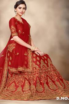 Red thread embroidery silk semi stitched lehenga