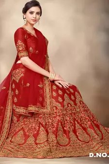 Red thread embroidery silk semi stitched lehenga
