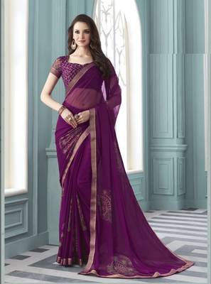 Purple printed chiffon saree with blouse 1