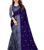 Blue And Net Vichitra Silk Embriodered  Saree With Blouse Piece.