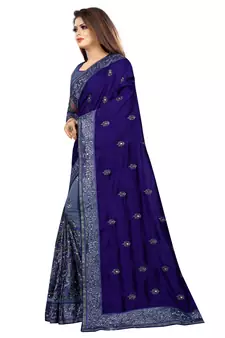 Blue And Net Vichitra Silk Embriodered  Saree With Blouse Piece.