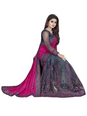 Pink And Grey Vichitra Silk And Net Embriodered Designer Saree With Blouse Piece.  2
