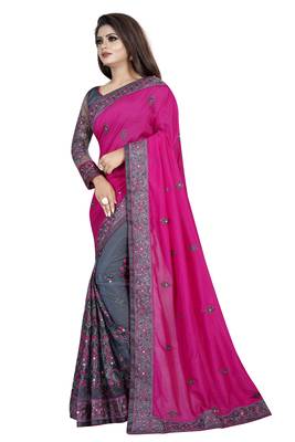 Pink And Grey Vichitra Silk And Net Embriodered Designer Saree With Blouse Piece.  3
