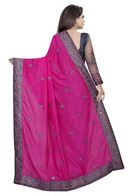 Pink And Grey Vichitra Silk And Net Embriodered Designer Saree With Blouse Piece.  4