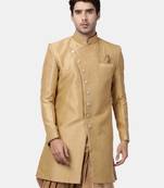 Beige Plain Silk Blend Sherwani