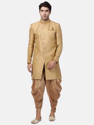 Beige Plain Silk Blend Sherwani 5
