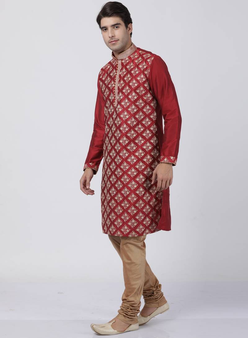 Men Red Cotton Slik Straight Kurta With Pyjama