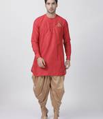 Red plain cotton silk dhoti-kurta