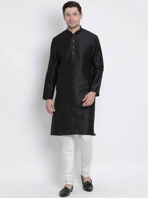 Black Plain Silk Blend Kurta-Pajama 1