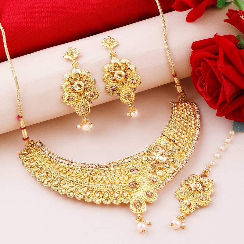 Gold Plated Traditional Designer Necklace Jewellery Set For Women